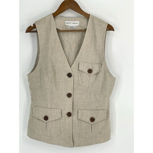 Maggy London Women 10 Dress Vest Set 100% Linen Beige Button Front - Picture 14 of 16